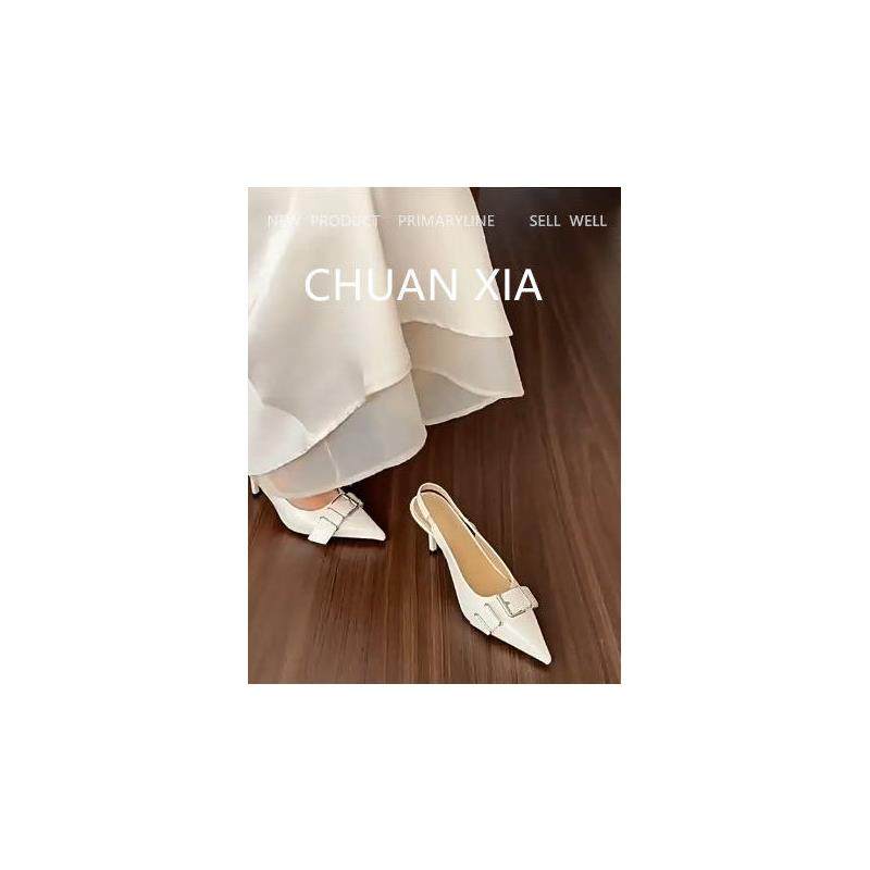 羊皮版！韩系御姐风尖头高跟鞋女细跟包头凉鞋真皮通勤皮带扣单鞋