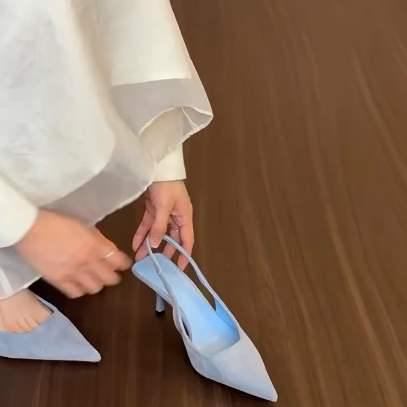 羊皮版~法式绒面尖头凉鞋女不累脚配裙子高跟鞋气质高级细跟单鞋