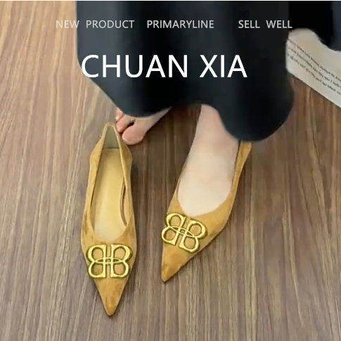 羊皮版！高级感金属扣平底单鞋女一脚蹬绒面玛丽珍鞋软底尖头瓢鞋