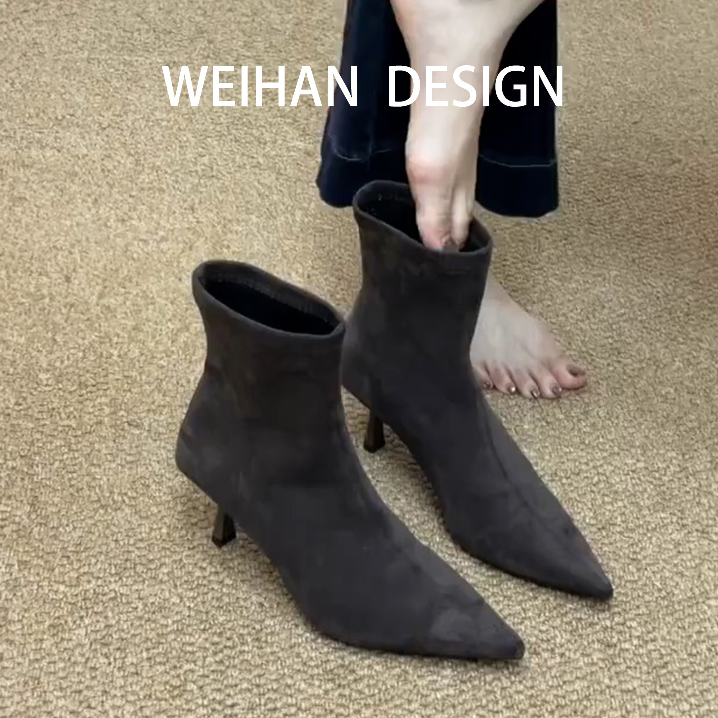 羊皮版！尖头细跟弹力瘦瘦靴女秋冬高跟短靴法式不累脚高级感踝靴