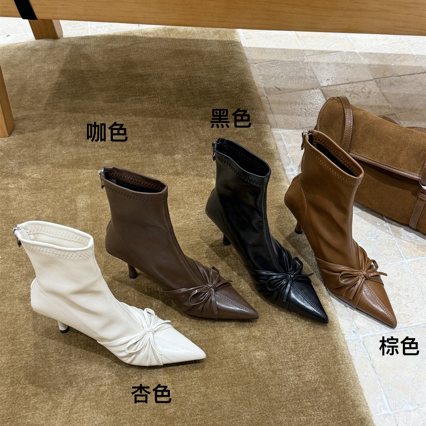 法式复古尖头细跟皮靴蝴