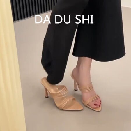 羊皮版！小众设计感高跟鞋女性感时髦露趾凉鞋真皮复古细跟凉拖鞋