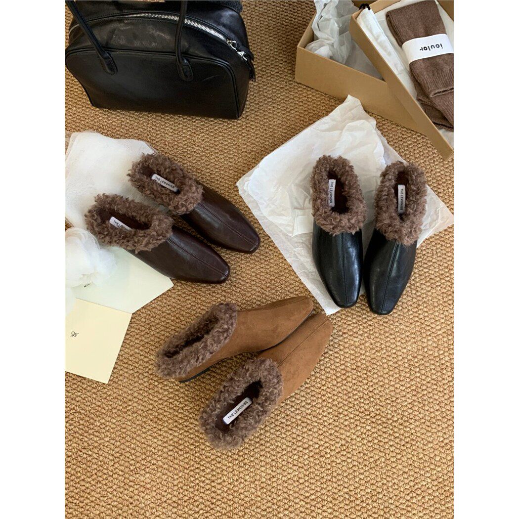 韩版方头毛毛厚底包头拖