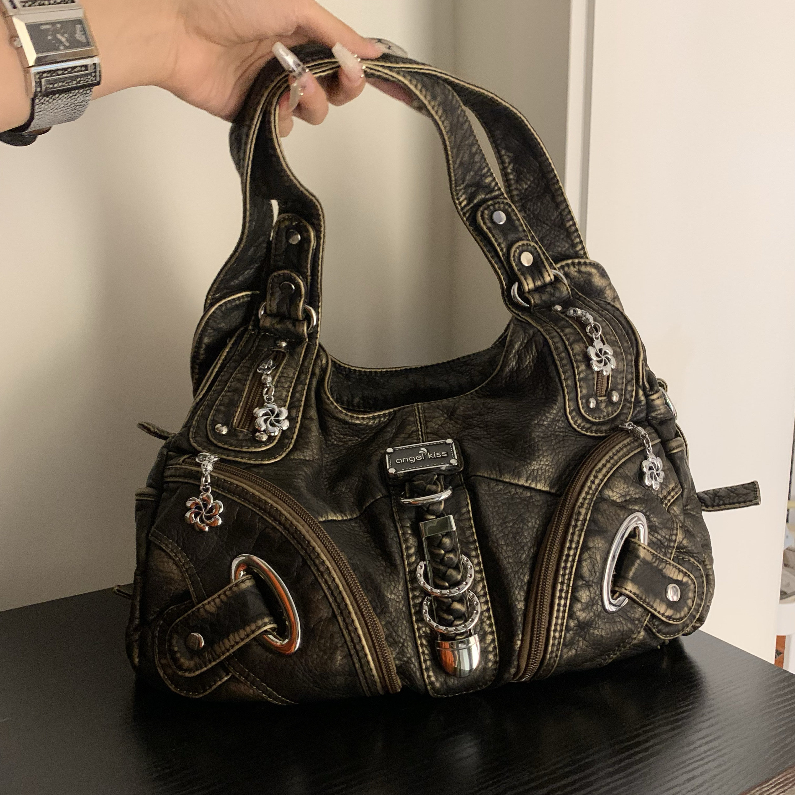 废土风做旧扎染古铜色单肩斜挎托特包vintage