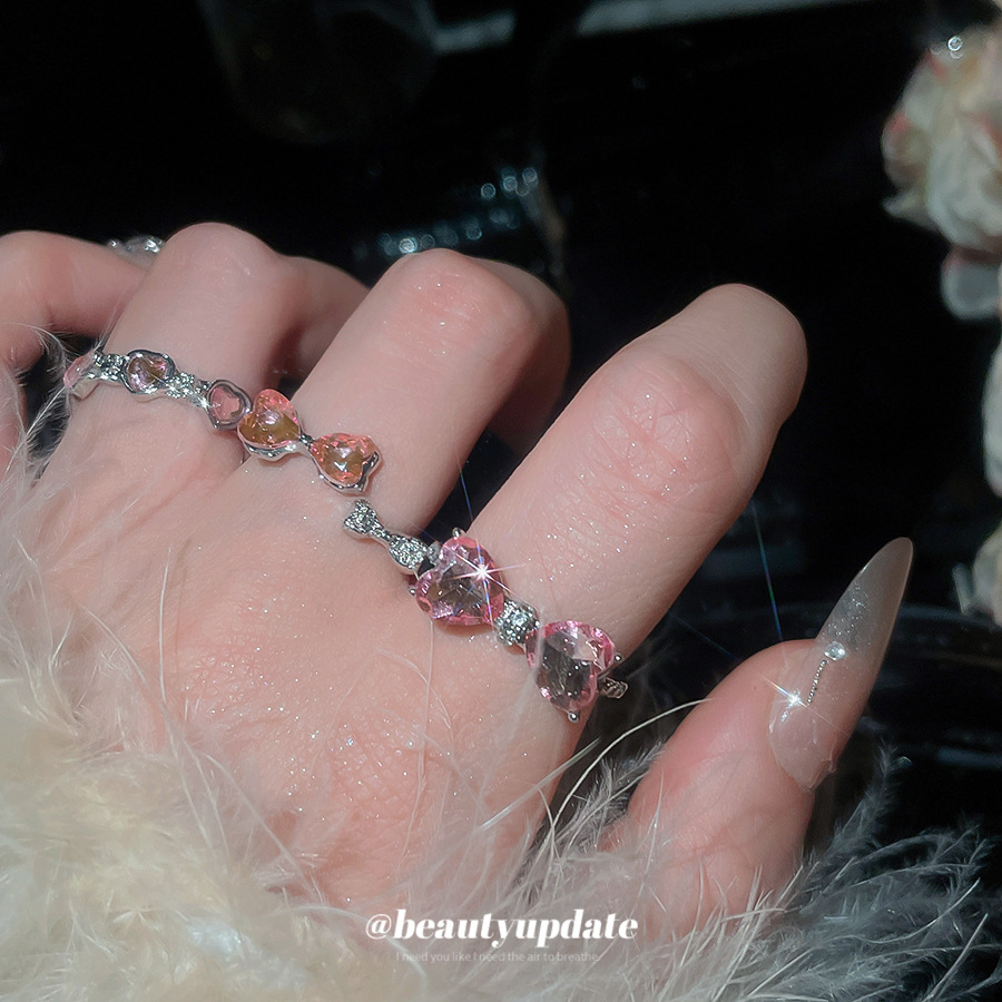 欧美ins风饰金色蝴蝶结样式甜美爱心锆石两件套戒指精致指环女时