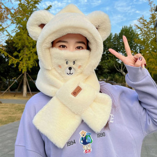 女士冬季毛绒可爱熊耳朵帽子围巾口罩防寒保暖三件套