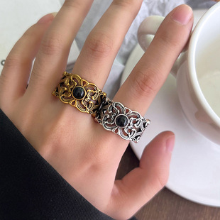 岚芷 泰银古金吉祥繁花叠口食指戒不掉色黑玛瑙925银戒指男民族风