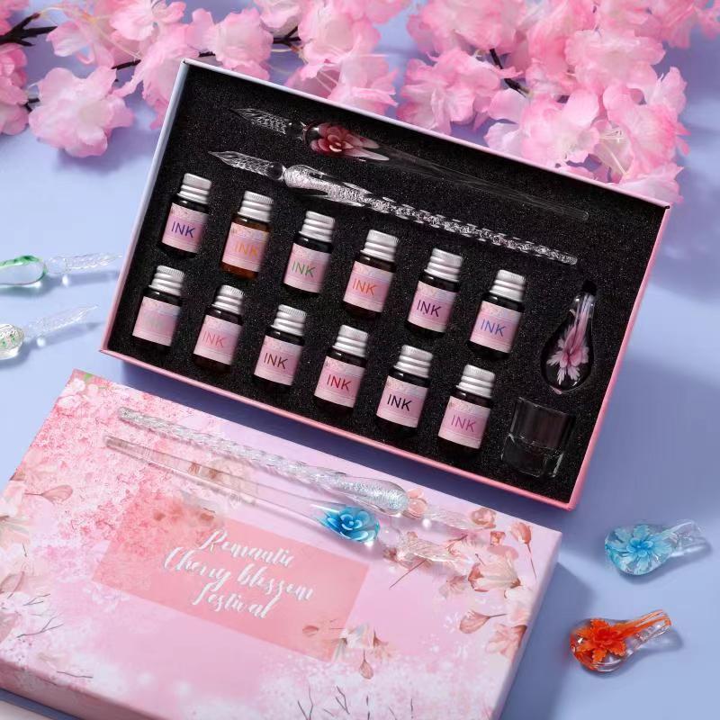 玻璃笔蘸水笔樱花彩墨签字笔学生