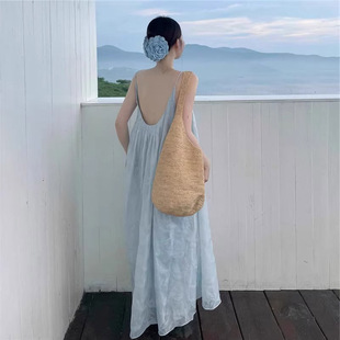 裙子顯瘦氣質仙女長裙 藍色海邊度假風吊帶連衣裙露背性感提花夏季