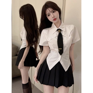 高腰半身裙两件套女 夏季 学院风jk制服套装 女甜辣减龄洋气短袖 衬衫