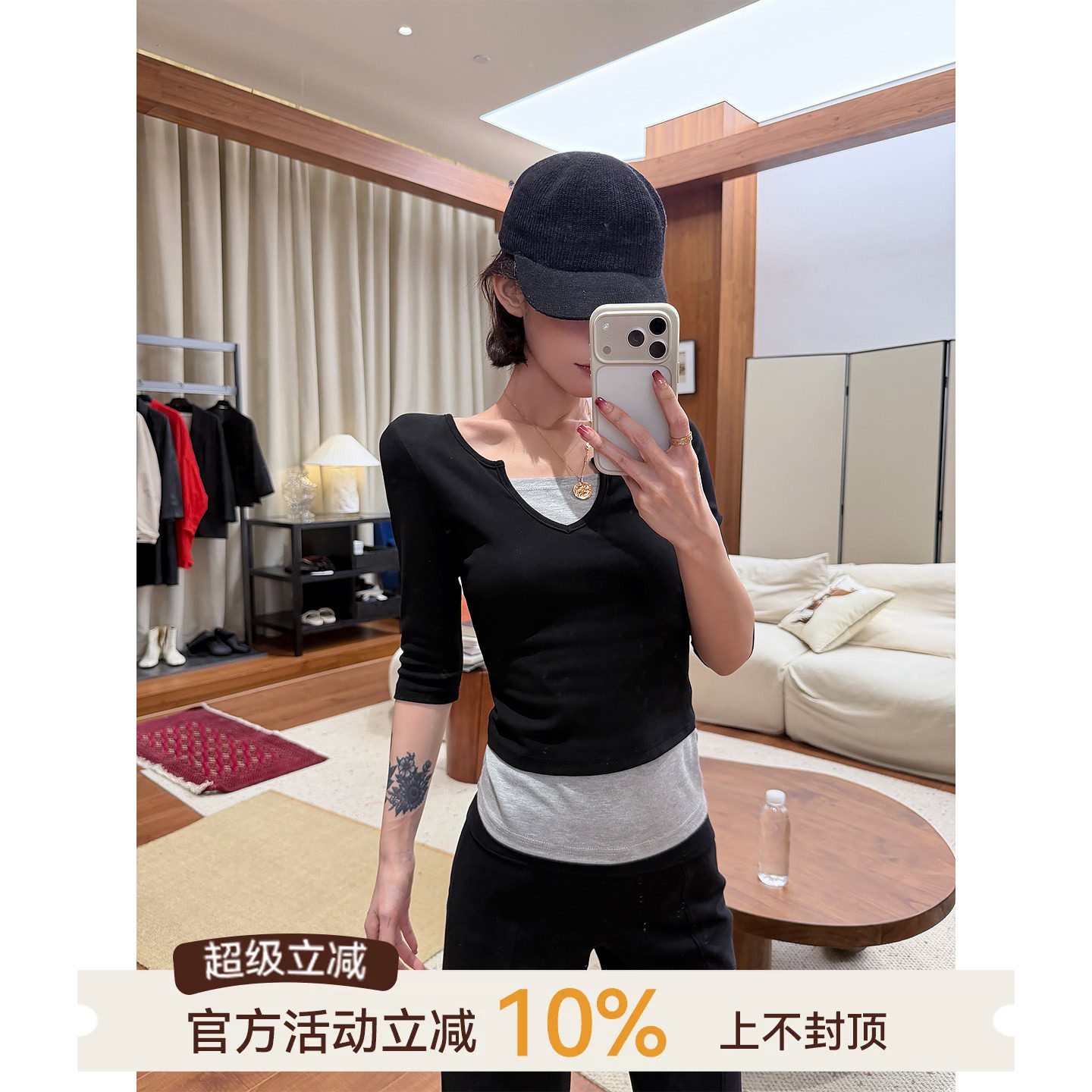 撞色拼接假两件中袖T恤女夏图片