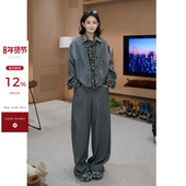 豹纹假两件翻领长袖 卫衣外套女秋冬韩系宽松开衫 长裤 吴童童 套装