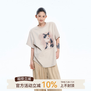 上衣 吴童童印花宽松圆领短袖 T恤女夏季 新款 韩系休闲百搭显瘦半袖