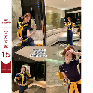 吴童童纯色圆领正肩短袖针织衫女秋新款韩系百搭修身显瘦短款上衣