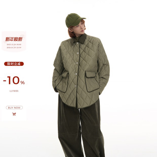 吴童童复古翻领菱格长袖 上衣 棉服外套女秋冬韩系慵懒宽松保暖开衫