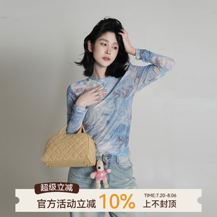 韓系修身 吳童童藍(lán)色扎染網(wǎng)紗長(zhǎng)袖 新款 防曬圓領(lǐng)罩衫 T恤女夏季 上衣