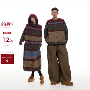 吴童童复古条纹连帽长袖毛衣连衣裙女秋冬韩系慵懒宽松直筒长裙子