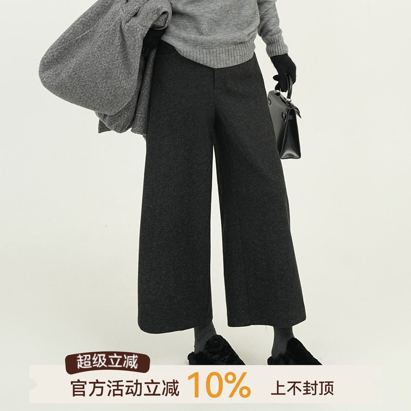 吴童童灰色毛呢高腰阔腿直筒七分裤女春季新款韩系宽松显瘦休闲裤