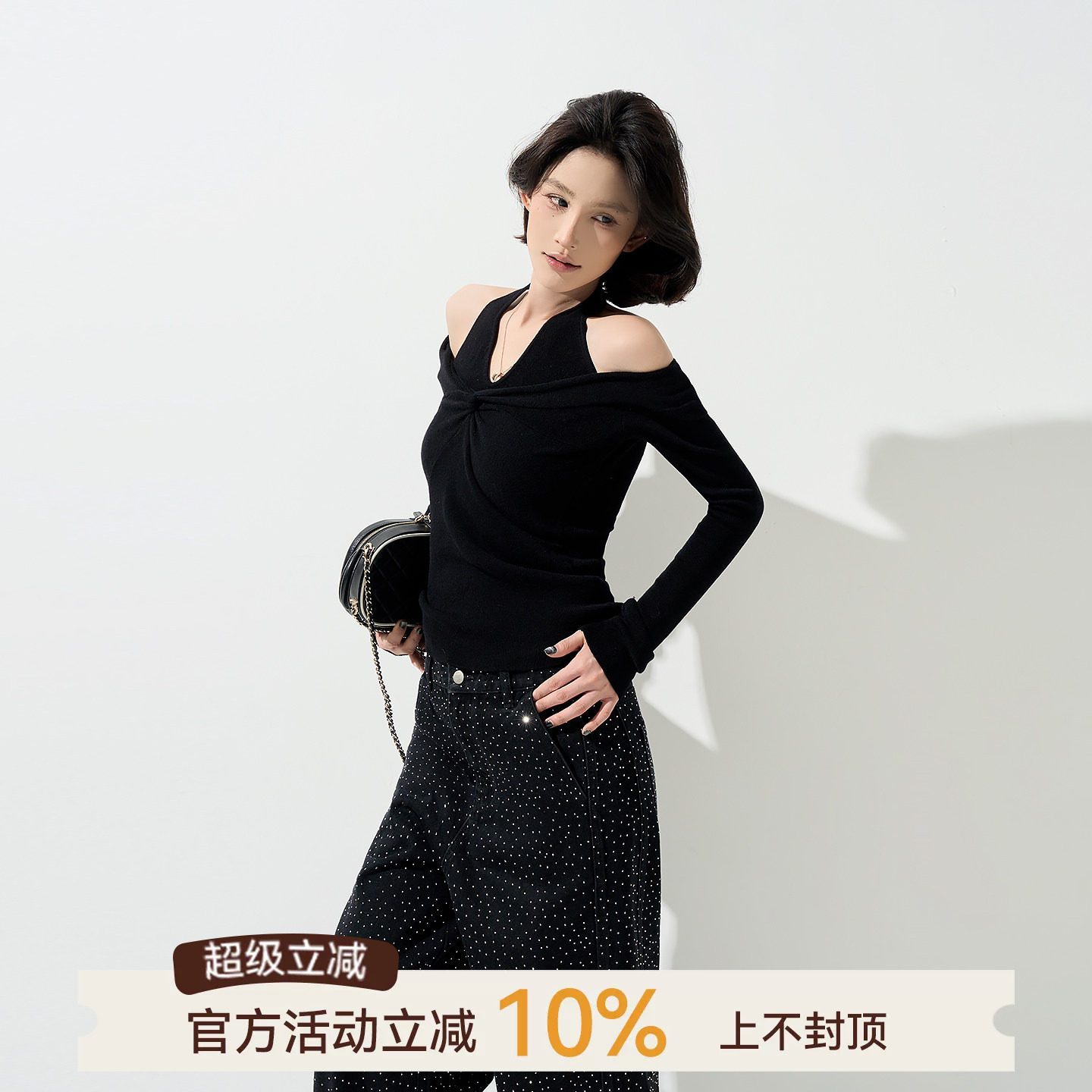 吴童童假两件挂脖长袖内搭针织衫图片