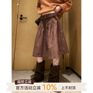 吴童童麂皮高腰百褶a字半身裙女秋季韩系高级感宽松显瘦中长裙子