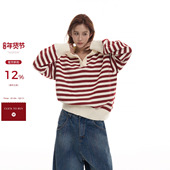 吴童童 撞色条纹连帽长袖 毛衣女秋冬韩系慵懒风宽松软糯套头上衣