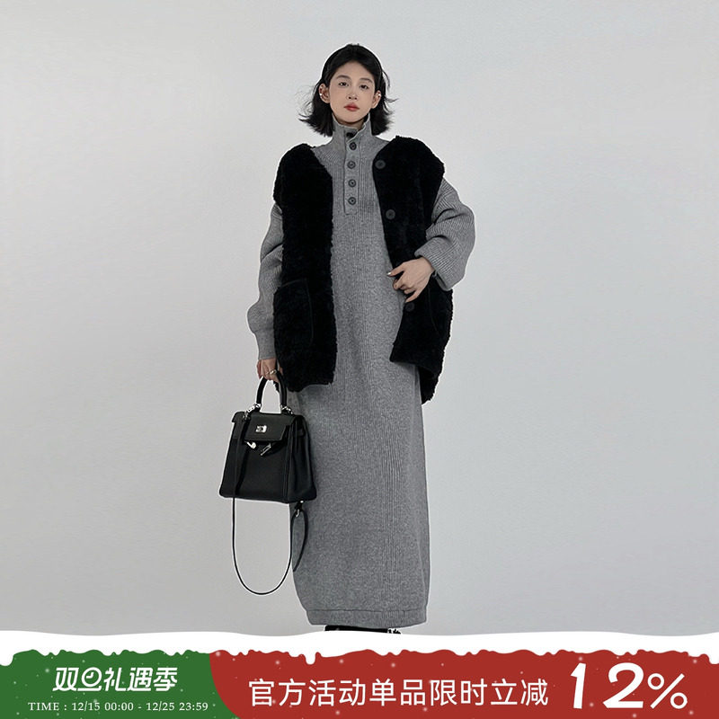 吴童自制 灰色慵懒风针织连衣裙女秋冬韩系大码长款过膝毛衣裙子