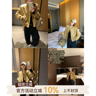 吴童童麂皮圆领长袖棒球服外套女秋新款韩系百搭宽松显瘦夹克上衣