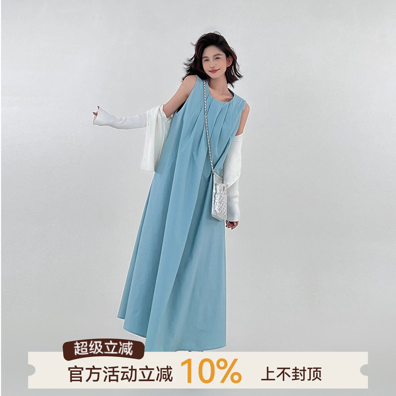 蓝色海边度假风无袖背心连衣裙图片