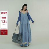 吴童童 韩系宽松拼接海边裙子 新款 蓝色露背无袖 吊带连衣裙女夏季