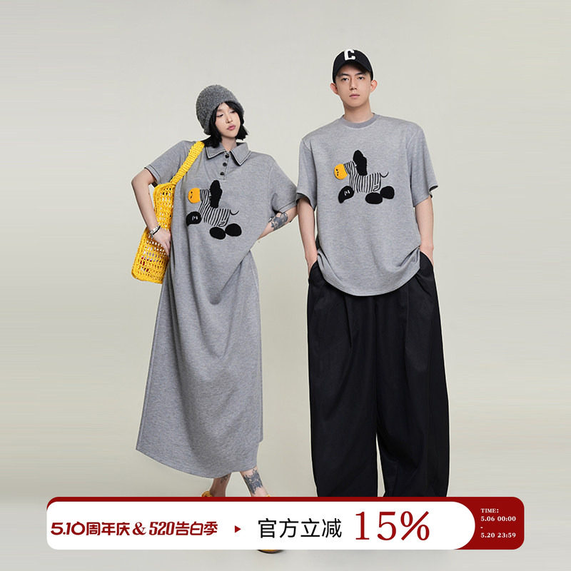 吴童童印花翻领短袖连衣裙女夏季韩系慵懒风气质宽松显瘦直筒长裙