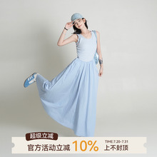 吴童童蓝色U领无袖背心连衣裙女夏季新款韩系修身收腰A字长款裙子