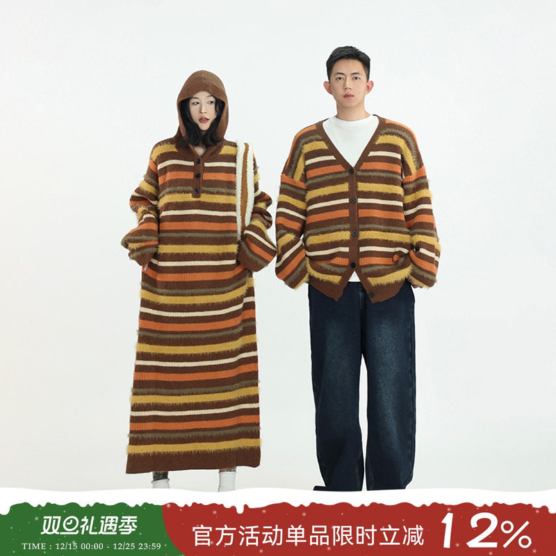 韩系直筒撞色条纹连帽卫衣连衣裙