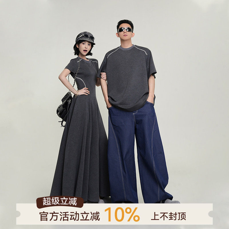 吴童童圆领收腰正肩短袖连衣裙图片