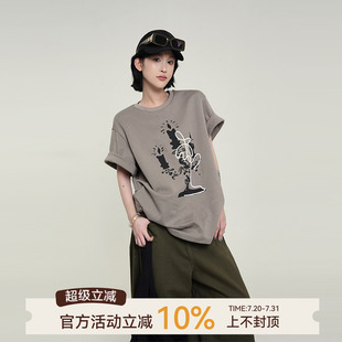 T恤女夏季 吴童童设计感印花圆领短袖 韩系慵懒风宽松显瘦百搭上衣