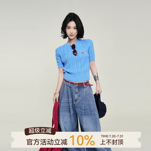显瘦短款 吴童童刺绣圆领正肩短袖 韩系设计感修身 针织衫 上衣 女夏季