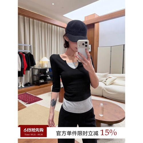 撞色拼接假两件中袖T恤女夏