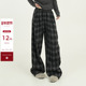 吴童童格子加绒宽松直筒休闲裤 女秋冬韩系高腰百搭垂感拖地阔腿裤