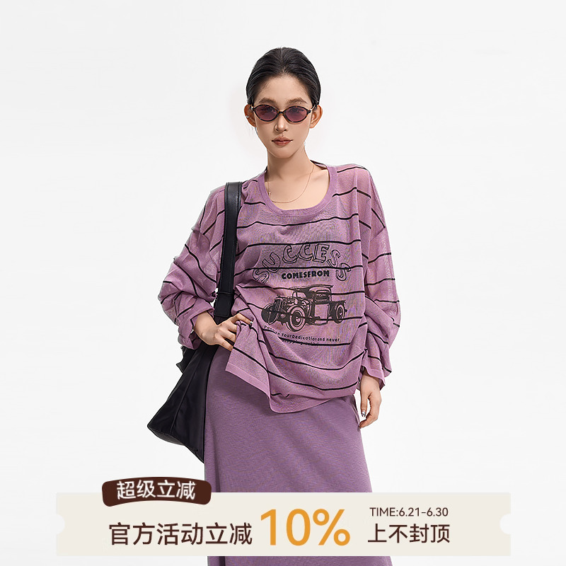 吴童童条纹印花圆领微透针织衫女夏季韩系慵懒风宽松防晒罩衫上衣