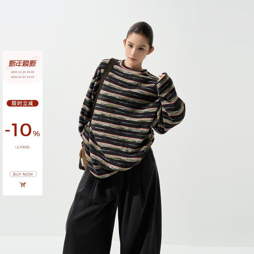 吴童童复古条纹圆领长袖针织衫