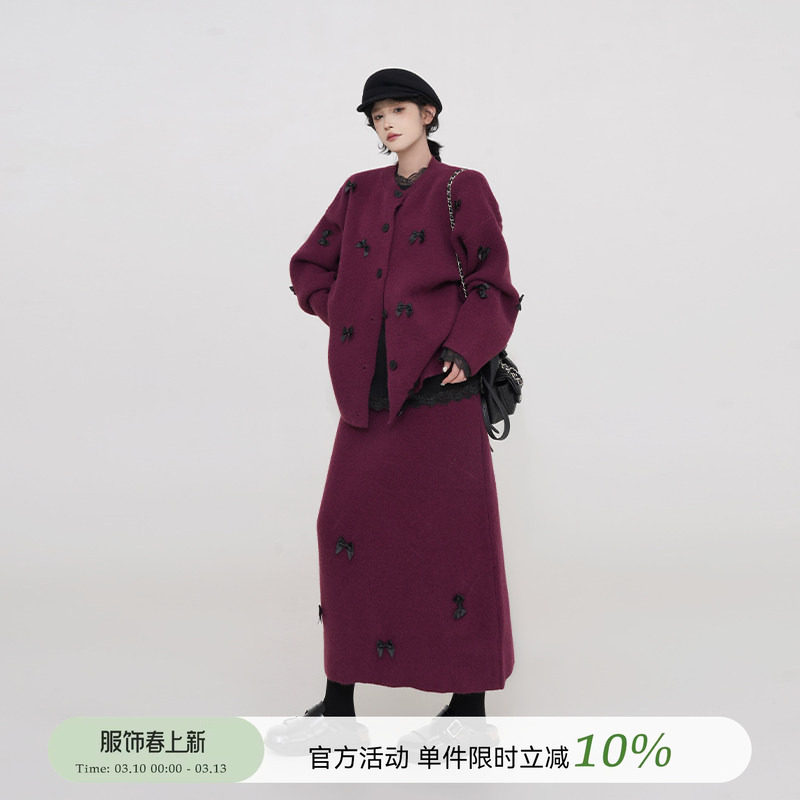 吴童童 紫色蝴蝶结加厚长袖毛衣外套女秋冬韩系慵懒宽松针织开衫