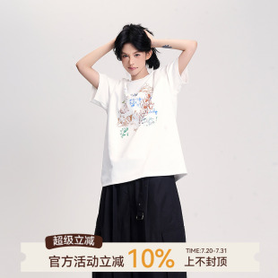 上衣 吴童童印花圆领短袖 T恤女夏季 新款 韩系休闲慵懒宽松百搭半袖