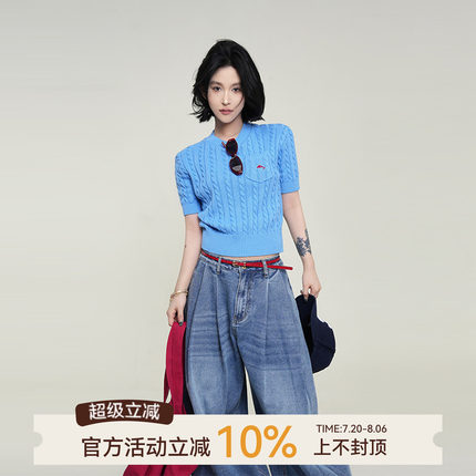 吴童童刺绣圆领正肩短袖针织衫女夏季韩系设计感修身显瘦短款上衣
