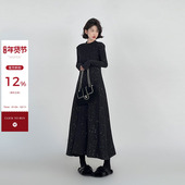 吴童童黑色抓绒圆领修身 收腰内搭连衣裙女秋冬韩系简约百搭打底裙