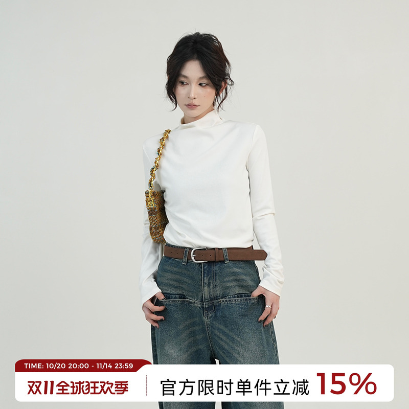 吴童童纯色高领正肩长袖内搭T恤女秋冬韩系宽松显瘦百搭打底上衣