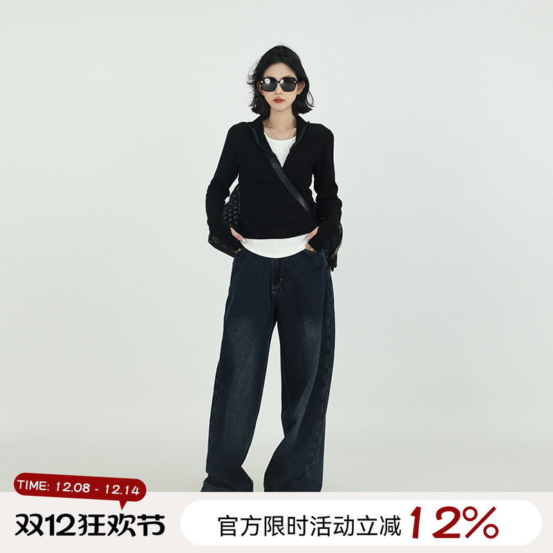 撞色假两件设计感长袖T恤