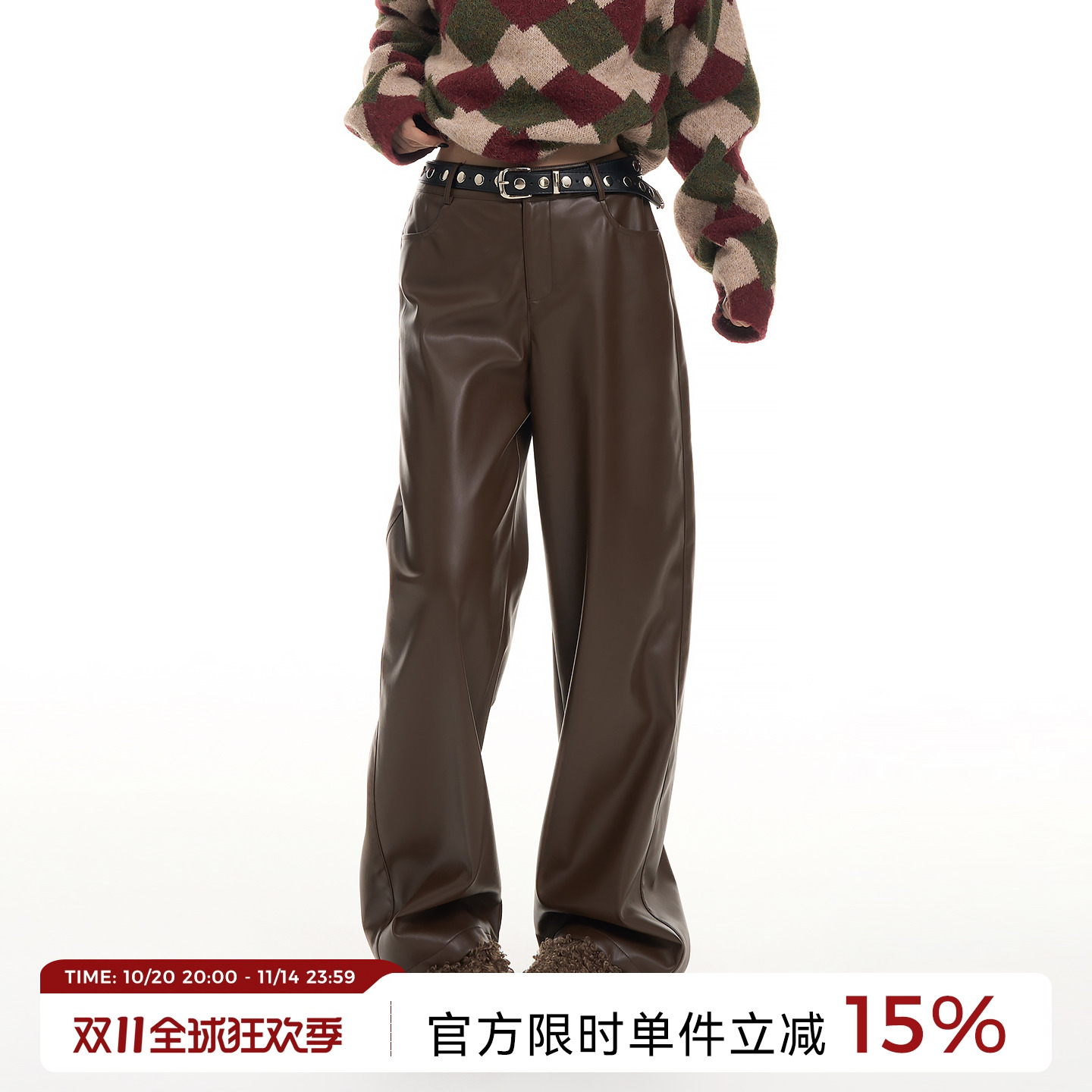吴童童PU皮高腰阔腿直筒皮裤