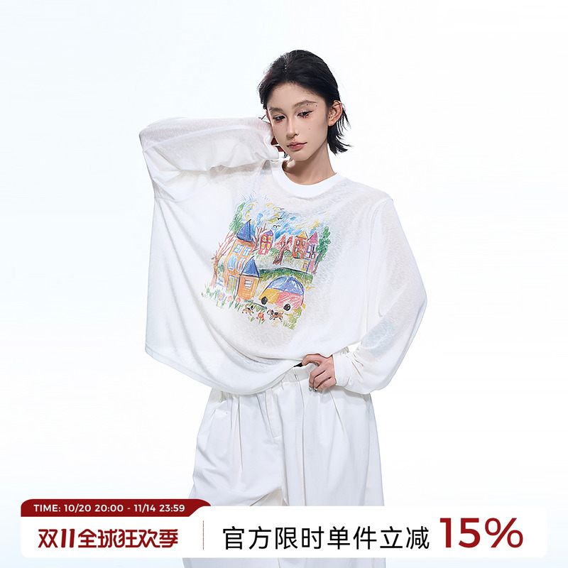 吴童童涂鸦印花薄款长袖防晒T恤女夏季新款韩系宽松显瘦罩衫上衣