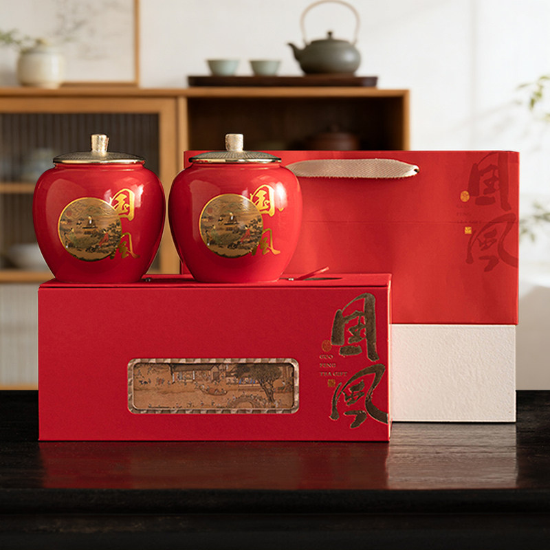 国风复古茶叶包装陶瓷储物密封罐礼盒空盒红茶绿茶通用红色可定制图片