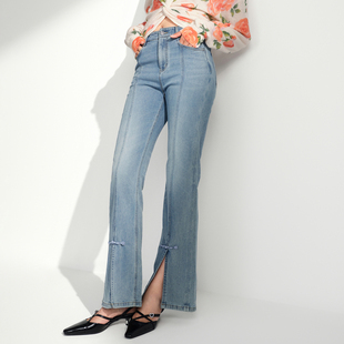 【丝肤柔牛仔裤】国风新中式开叉微喇裤DOUBLOVE贝爱2024冬季新款