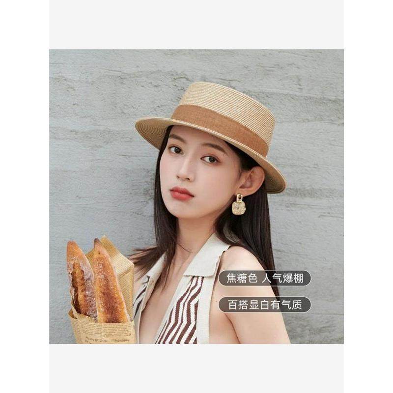 网红草帽子女春夏法式平顶礼帽英伦遮阳防晒海边平沿宽檐男女同款